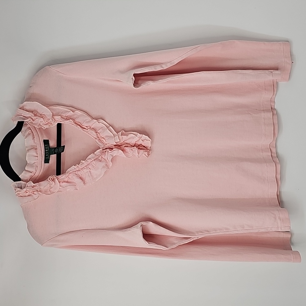 LRL Soft Pink Top w Dainty Ruffled Vneckline Classic Feminine Peasant Fairy - Picture 13 of 13